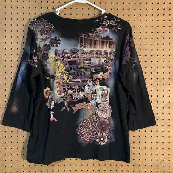 Y2K Las Vegas Top Christopher & Banks XL Vintage 90s Mom Retro Embellished Black - Picture 4 of 6